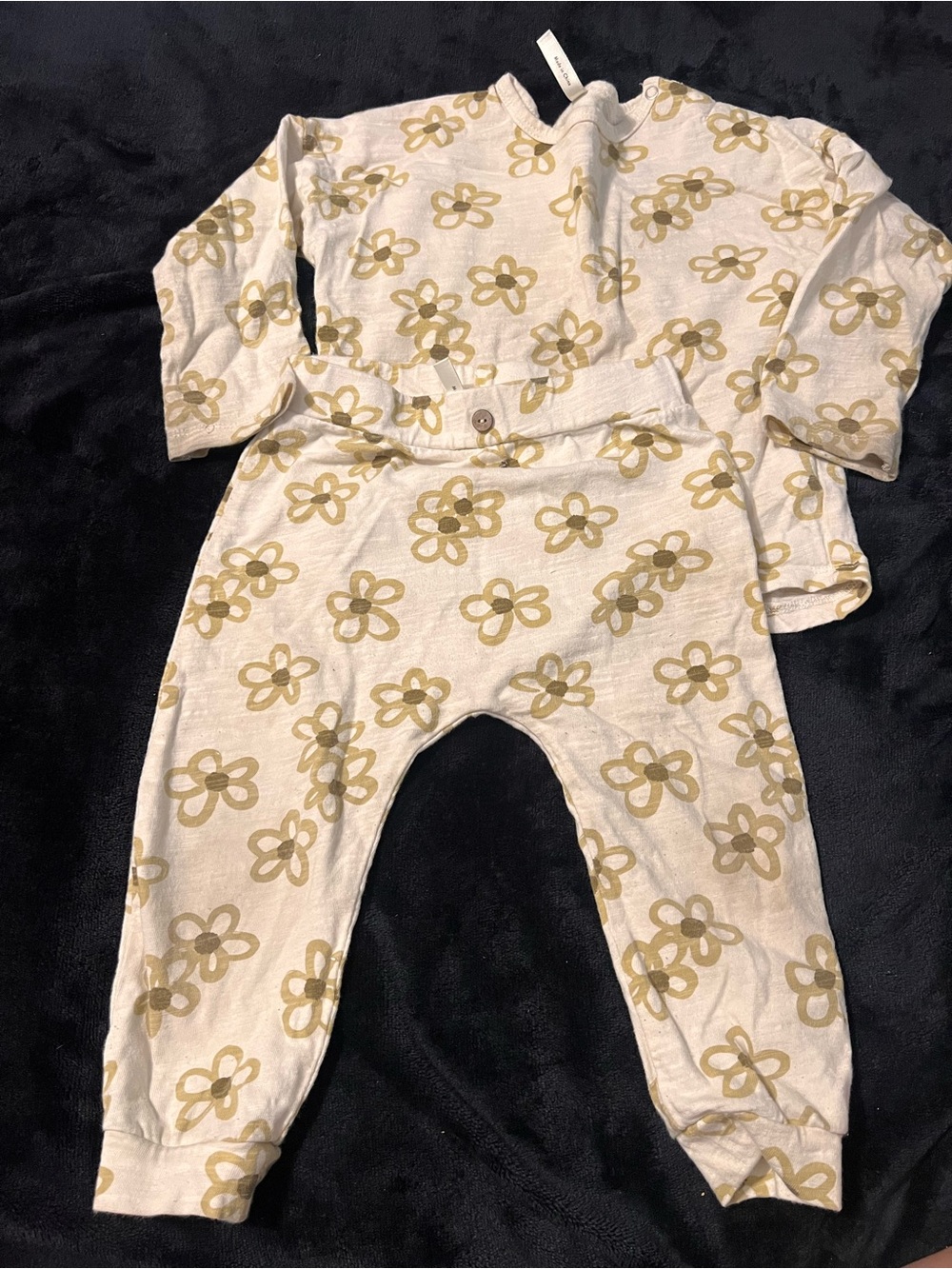 Neutral Floral Print Kids One-Piece Set - Cream with Mustard Flowers